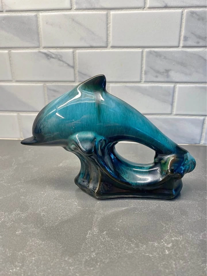 Blue Mountain Pottery Blue Drip Glaze Ceramic Dolphin Figurine