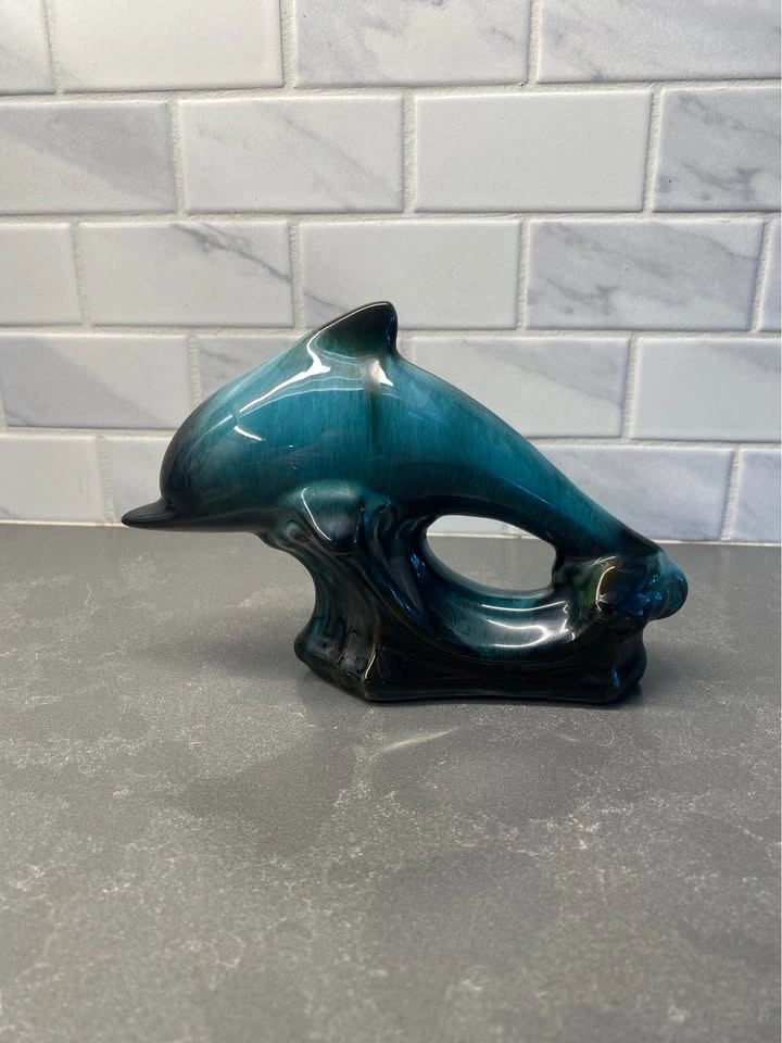 Blue Mountain Pottery Blue Drip Glaze Ceramic Dolphin Figurine - photo 3