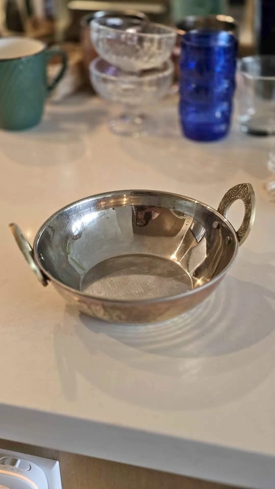 Hammered Copper Karahi Serving Bowl with Brass Handles