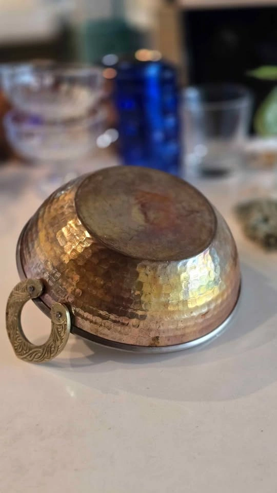 Hammered Copper Karahi Serving Bowl with Brass Handles - photo 3