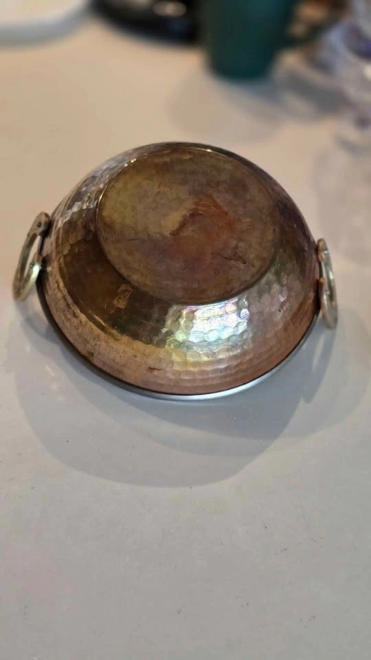 Hammered Copper Karahi Serving Bowl with Brass Handles - photo 4