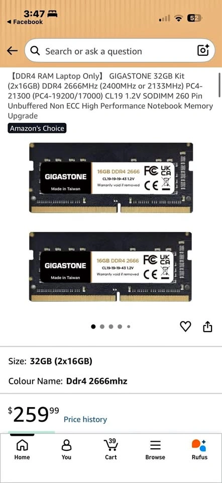 GIGASTONE 32GB (2x16GB) DDR4 2666MHz Laptop RAM Kit