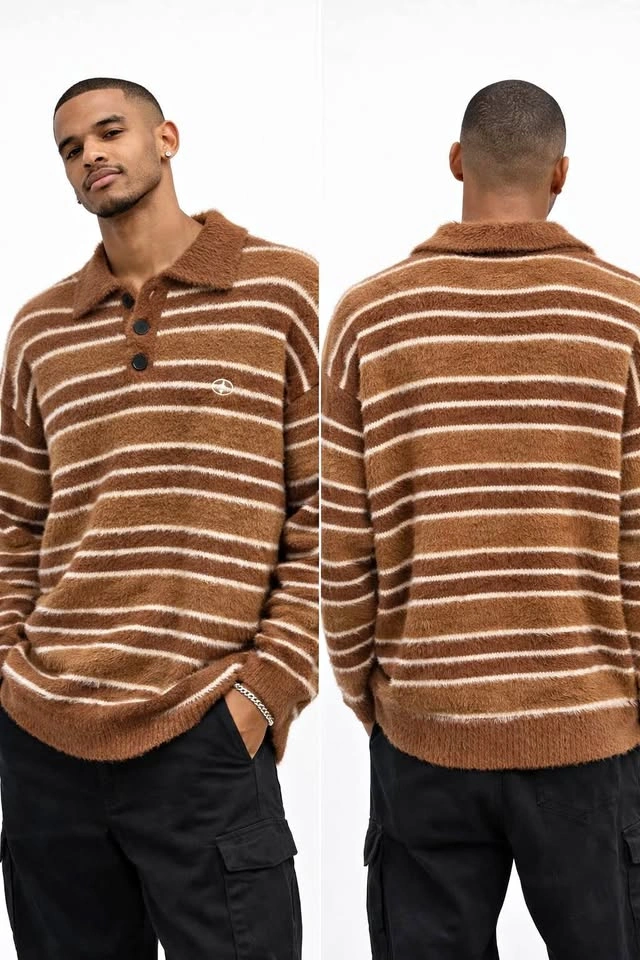 Lazy Oaf Brown Striped Knit Polo Sweater medium size