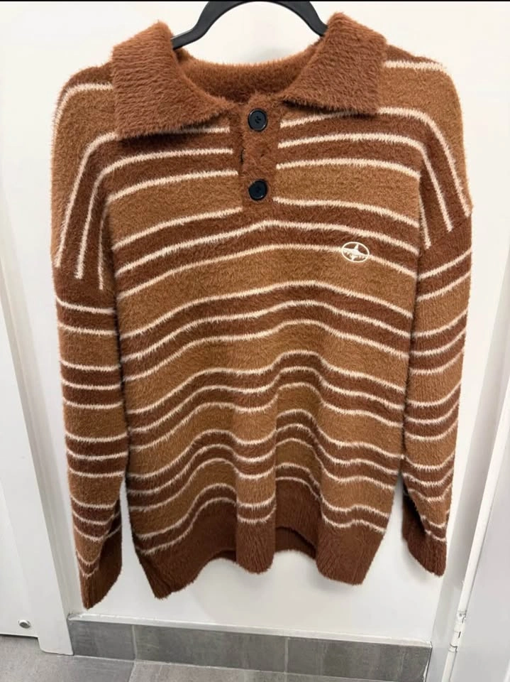 Lazy Oaf Brown Striped Knit Polo Sweater medium size - photo 2