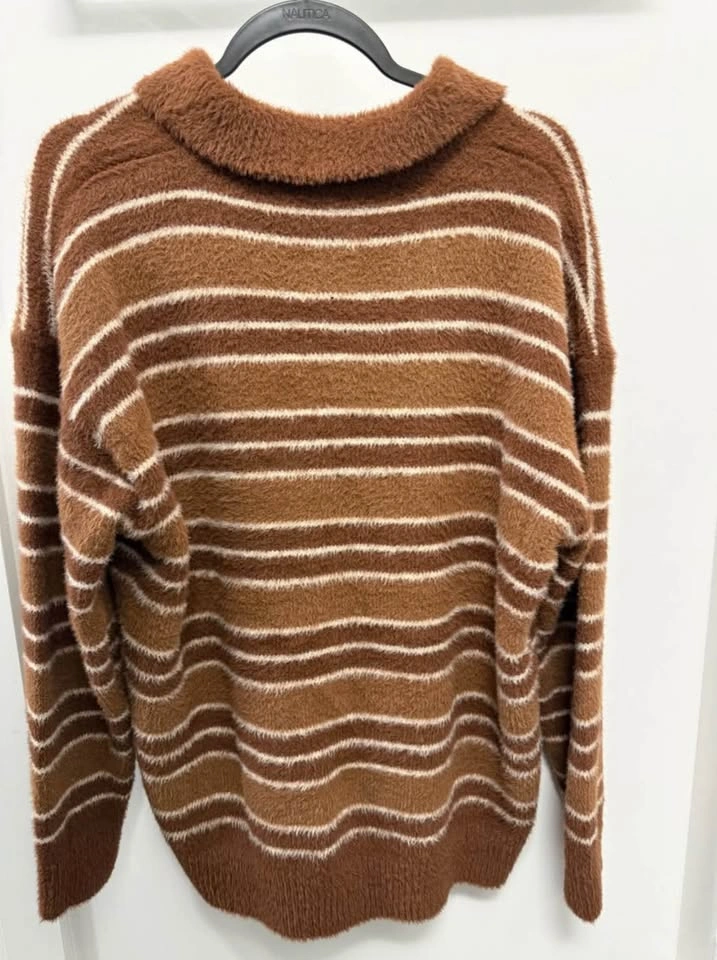 Lazy Oaf Brown Striped Knit Polo Sweater medium size - photo 3