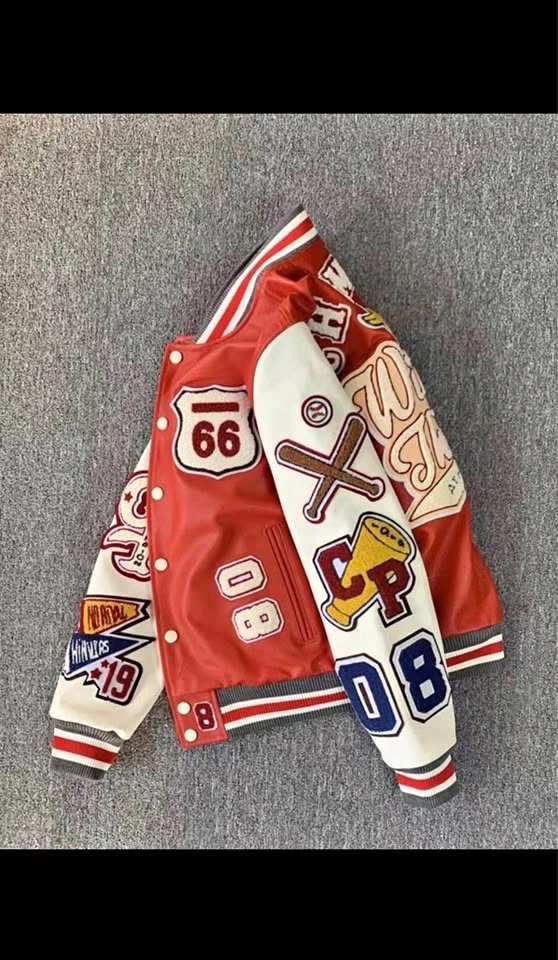 Red & White Varsity Jacket with Patches size m,l,xl