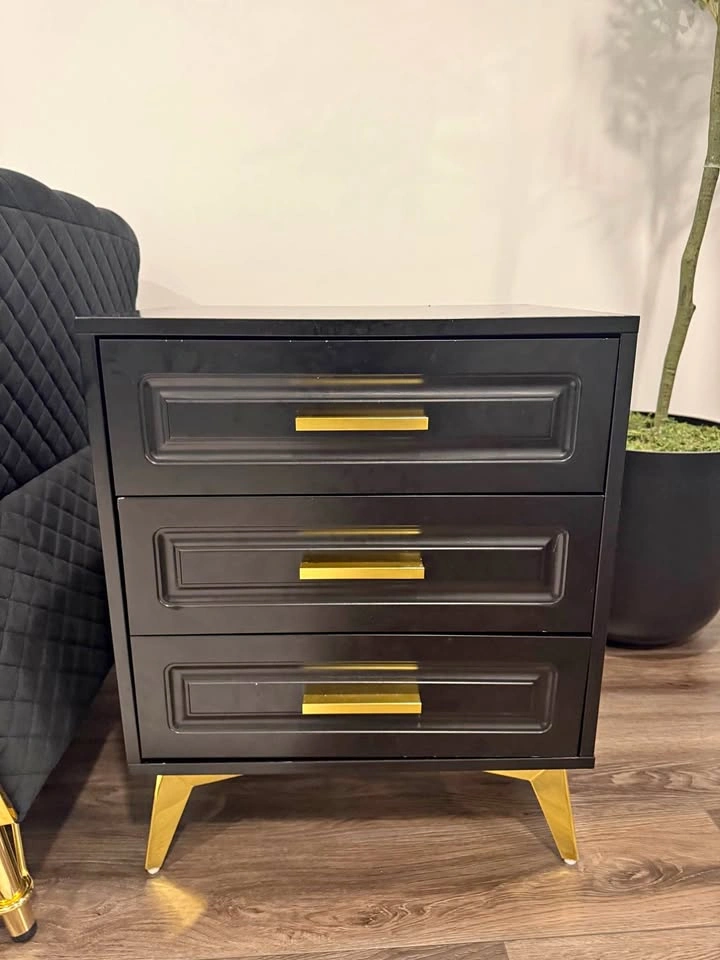 Black 3-Drawer Nightstand with Gold Accents