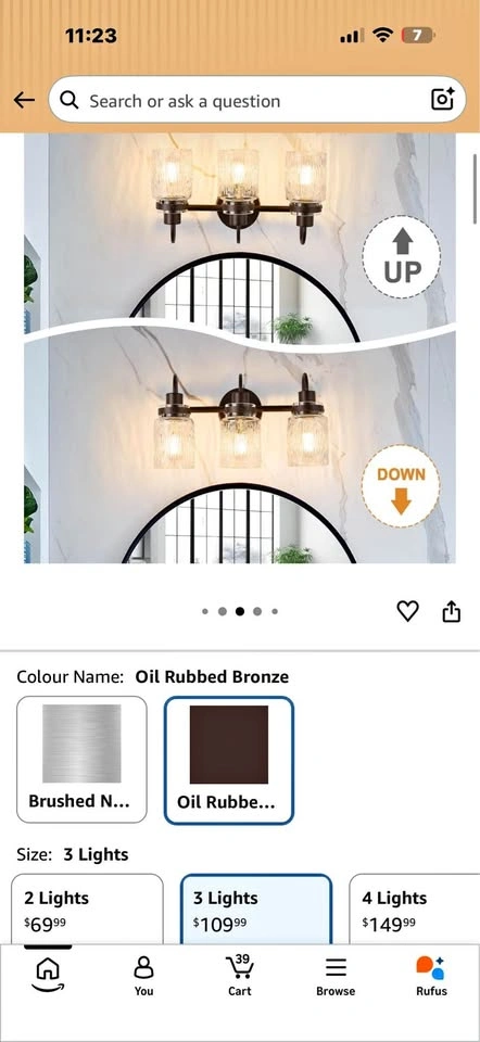 Amruipo JF2470-3W 3-Light Bathroom Vanity Light, Oil Rubbed Bron