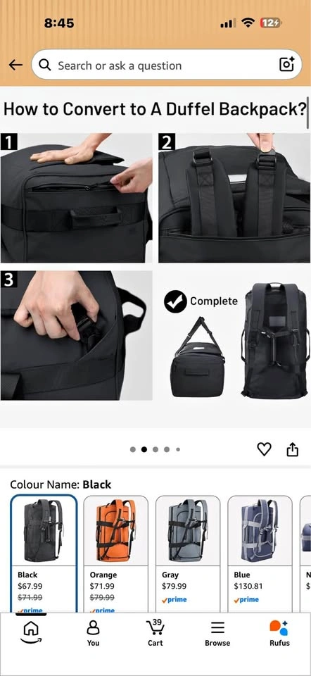 MIER Convertible Duffel Backpack 90L