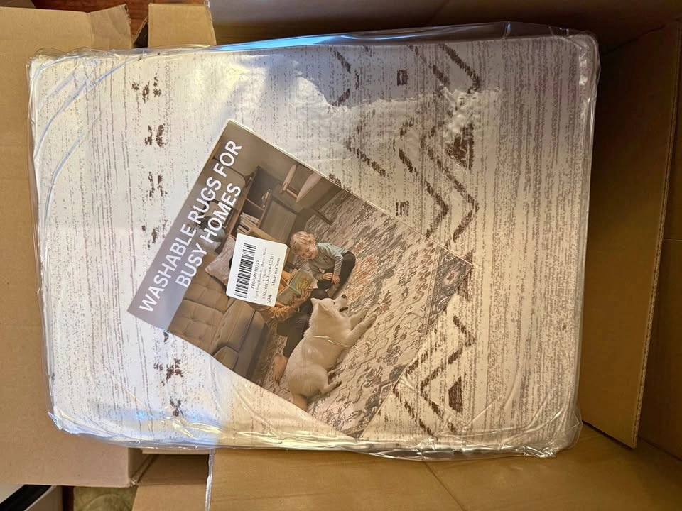 Large Washable Living Room Rug - Cream & Brown