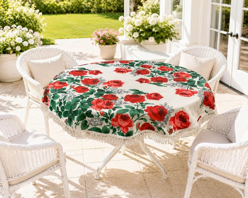Table Cloth Vintage OUTDOOR With Fringe Round 53”