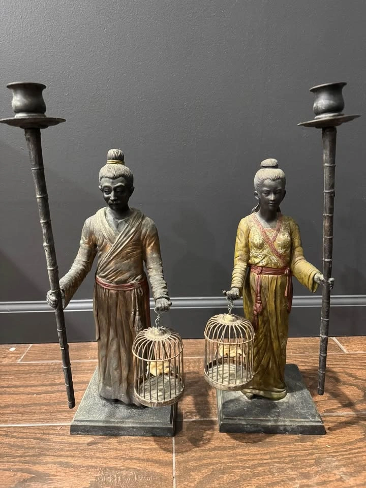 Original Cast Iron Japanese Candle Holders Antique