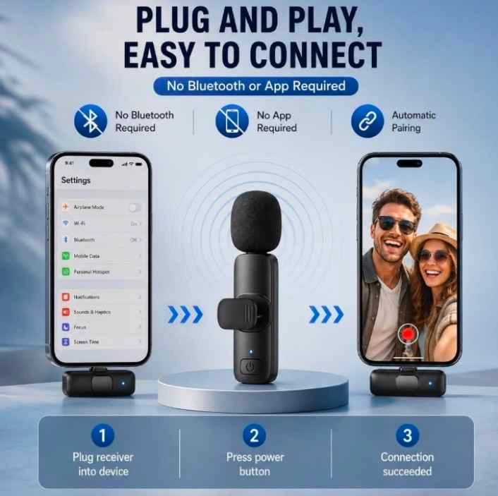 Wireless Lavalier Microphone for iPhone/iPad/Android, 2-Pack NEW