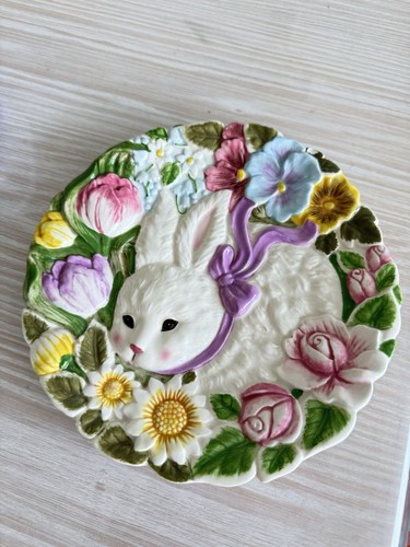 Bunny Flower Plate White Spring Easter Ceramic Dish