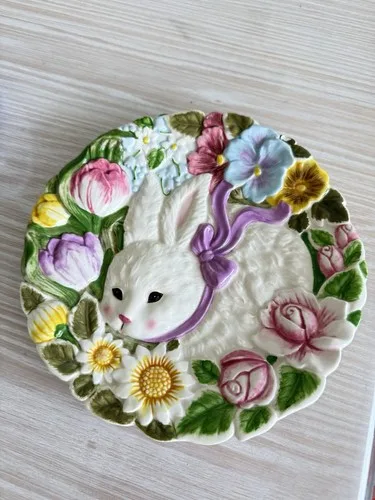 Bunny Flower Plate White Spring Easter Ceramic Dish
