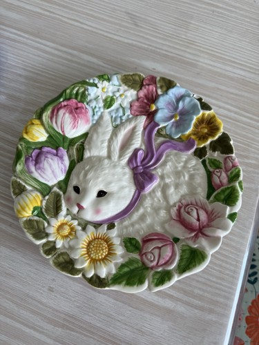 Bunny Flower Plate White Spring Easter Ceramic Dish - photo 2