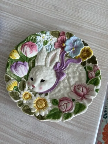 Bunny Flower Plate White Spring Easter Ceramic Dish - photo 2