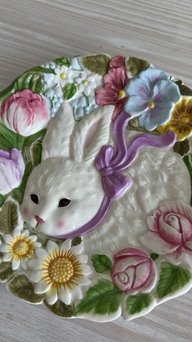 Bunny Flower Plate White Spring Easter Ceramic Dish - photo 3