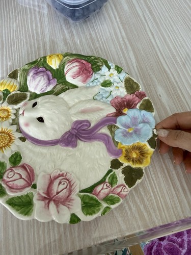 Bunny Flower Plate White Spring Easter Ceramic Dish - photo 4