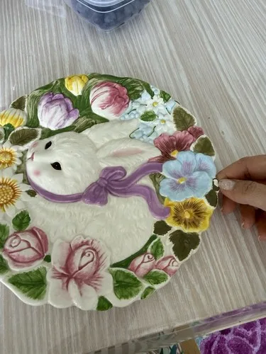 Bunny Flower Plate White Spring Easter Ceramic Dish - photo 4