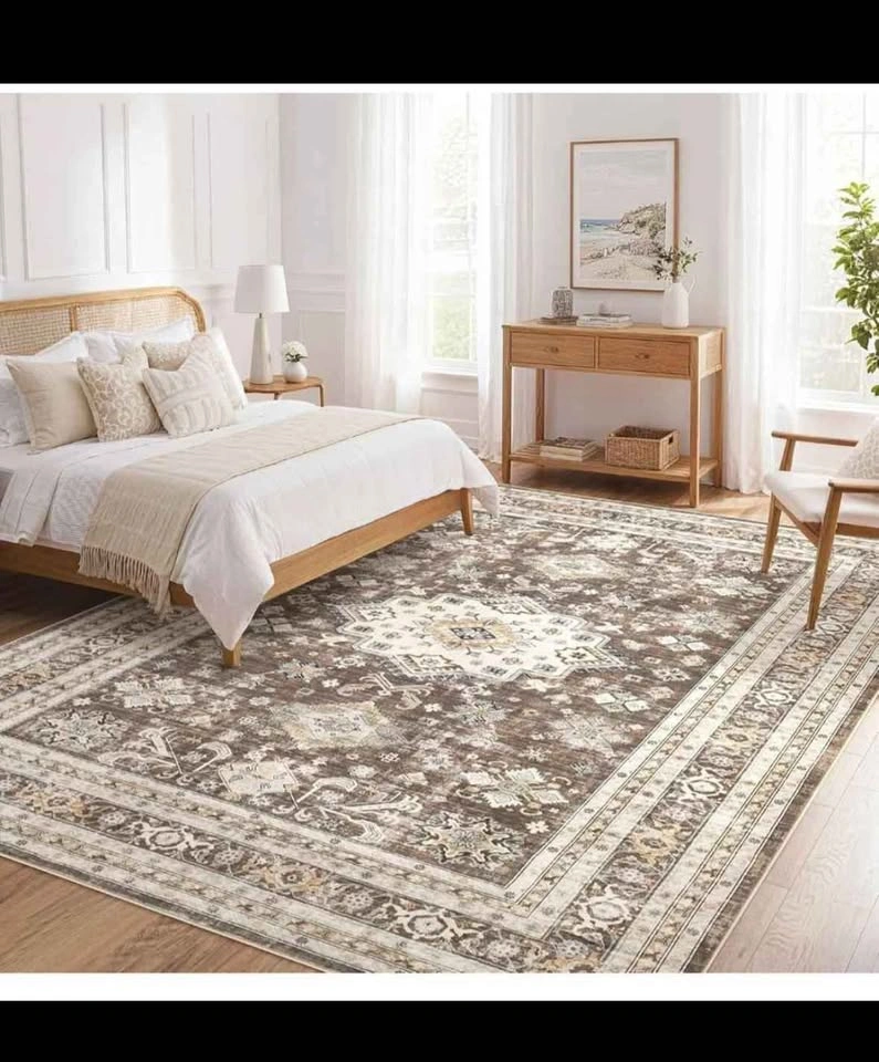 Machine Washable Traditional Distressed Area Rug Brown Beige 8×1 - photo 3
