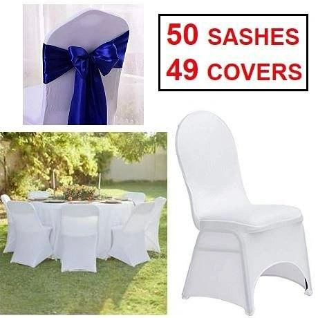 Stretch Banquet Chair Cover White & Royal Blue Sashes