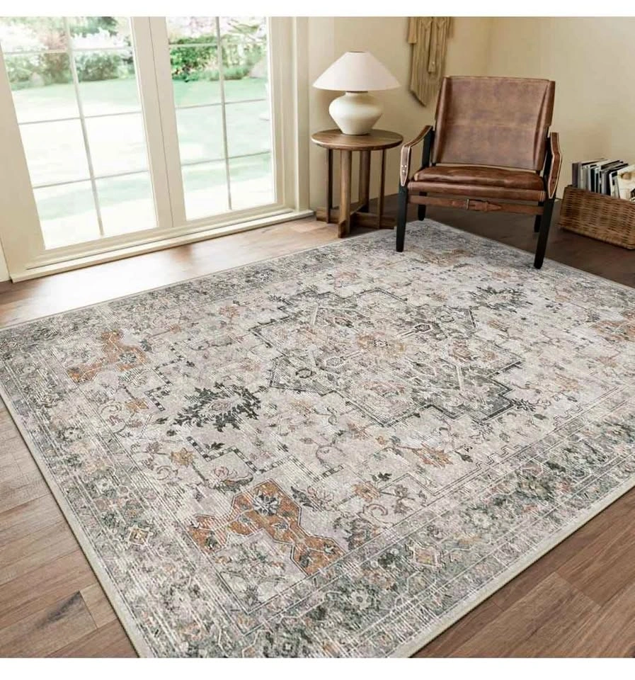 8x10 Washable Area Rug, Non-Slip Taupe Vintage Floral
