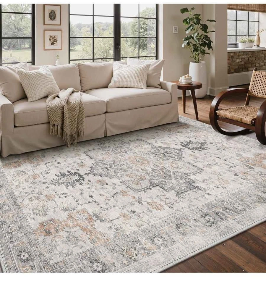 8x10 Washable Area Rug, Non-Slip Taupe Vintage Floral - photo 2