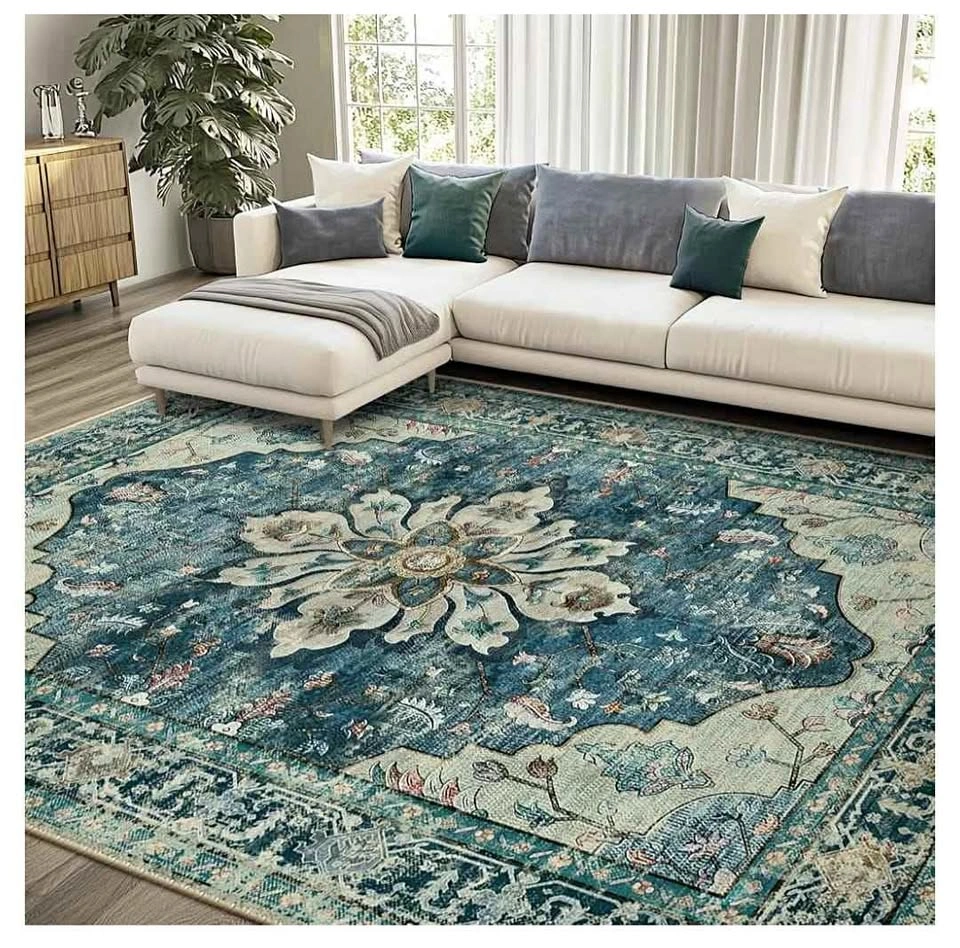 Brand new 8×10 ft Blue Floral Medallion Machine Washable Rug