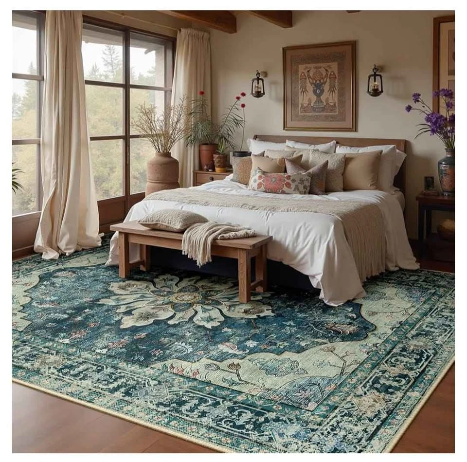 Brand new 8×10 ft Blue Floral Medallion Machine Washable Rug - photo 2