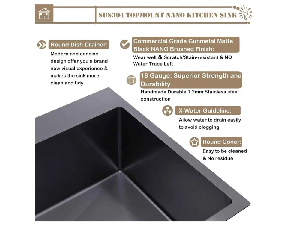 25x22 Inch Black Drop-in Kitchen Sink, 18 Gauge Stainless Steel - photo 2