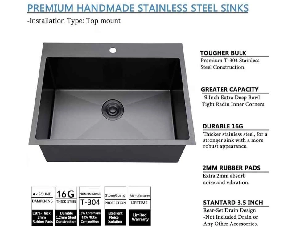 25x22 Inch Black Drop-in Kitchen Sink, 18 Gauge Stainless Steel - photo 3
