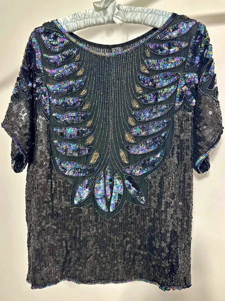 Vintage 100% Silk Beaded and Sequined Evening Top