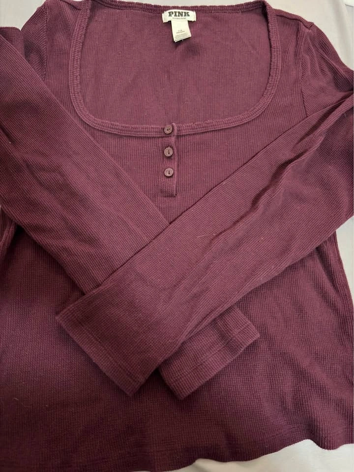 PINK Victoria's Secret Burgundy Waffle Knit Henley Top