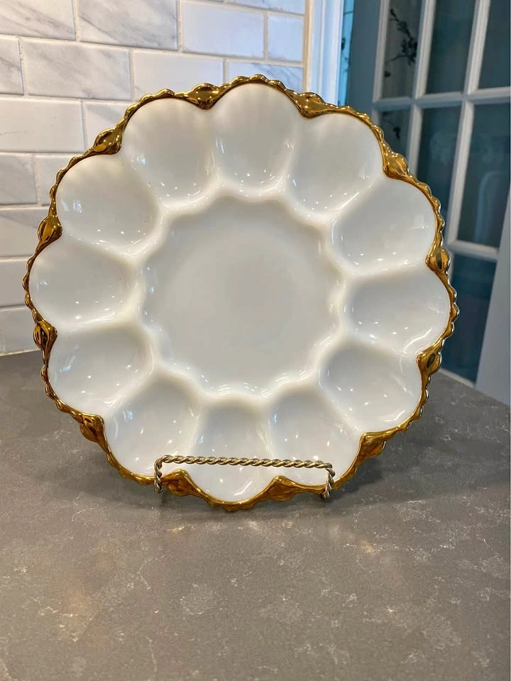 Vintage Milk Glass Deviled Egg Plate with Gold Trim