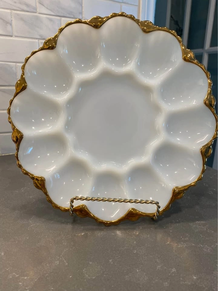 Vintage Milk Glass Deviled Egg Plate with Gold Trim - photo 2