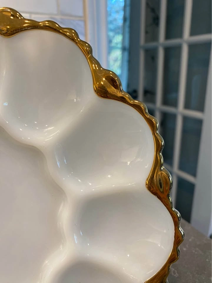 Vintage Milk Glass Deviled Egg Plate with Gold Trim - photo 3