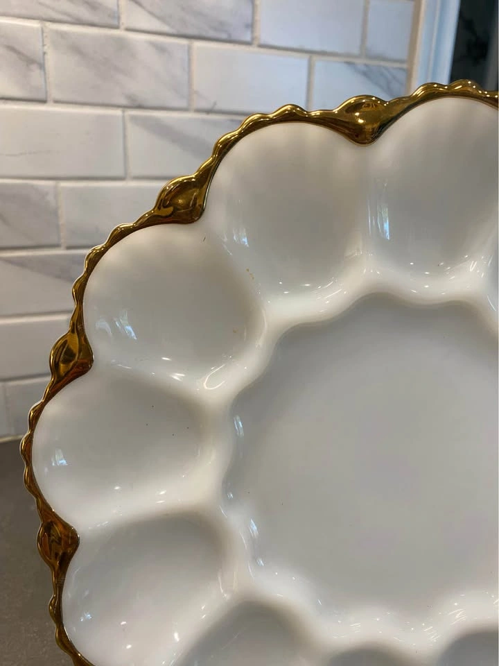 Vintage Milk Glass Deviled Egg Plate with Gold Trim - photo 4