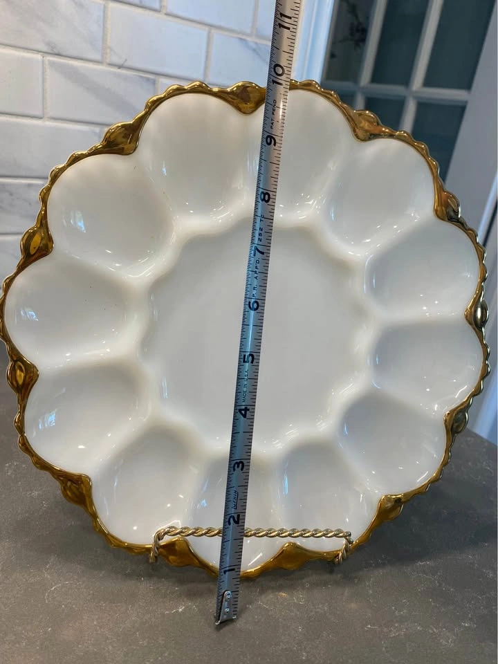 Vintage Milk Glass Deviled Egg Plate with Gold Trim - photo 5