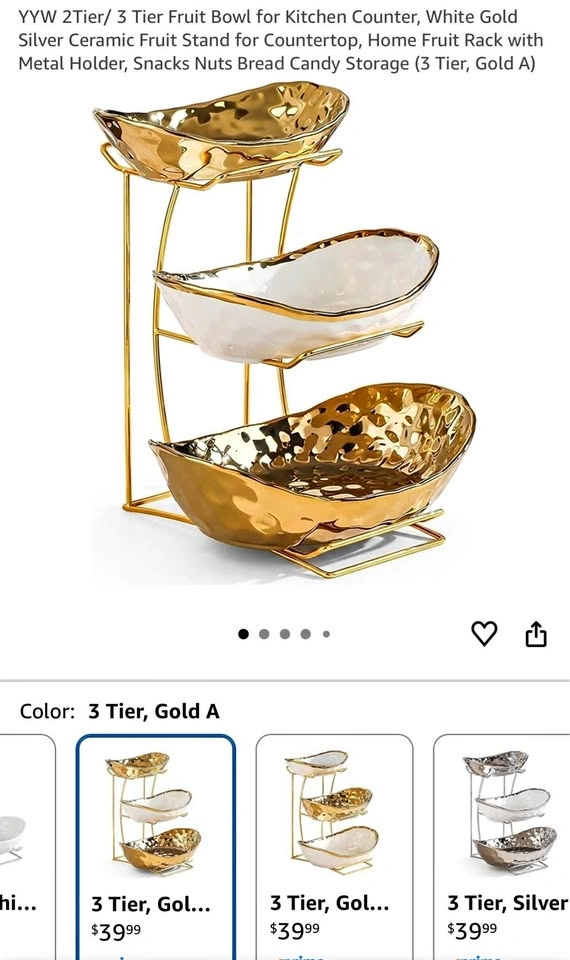 3-Tier Ceramic Fruit Bowl with Metal Holder (Gold)