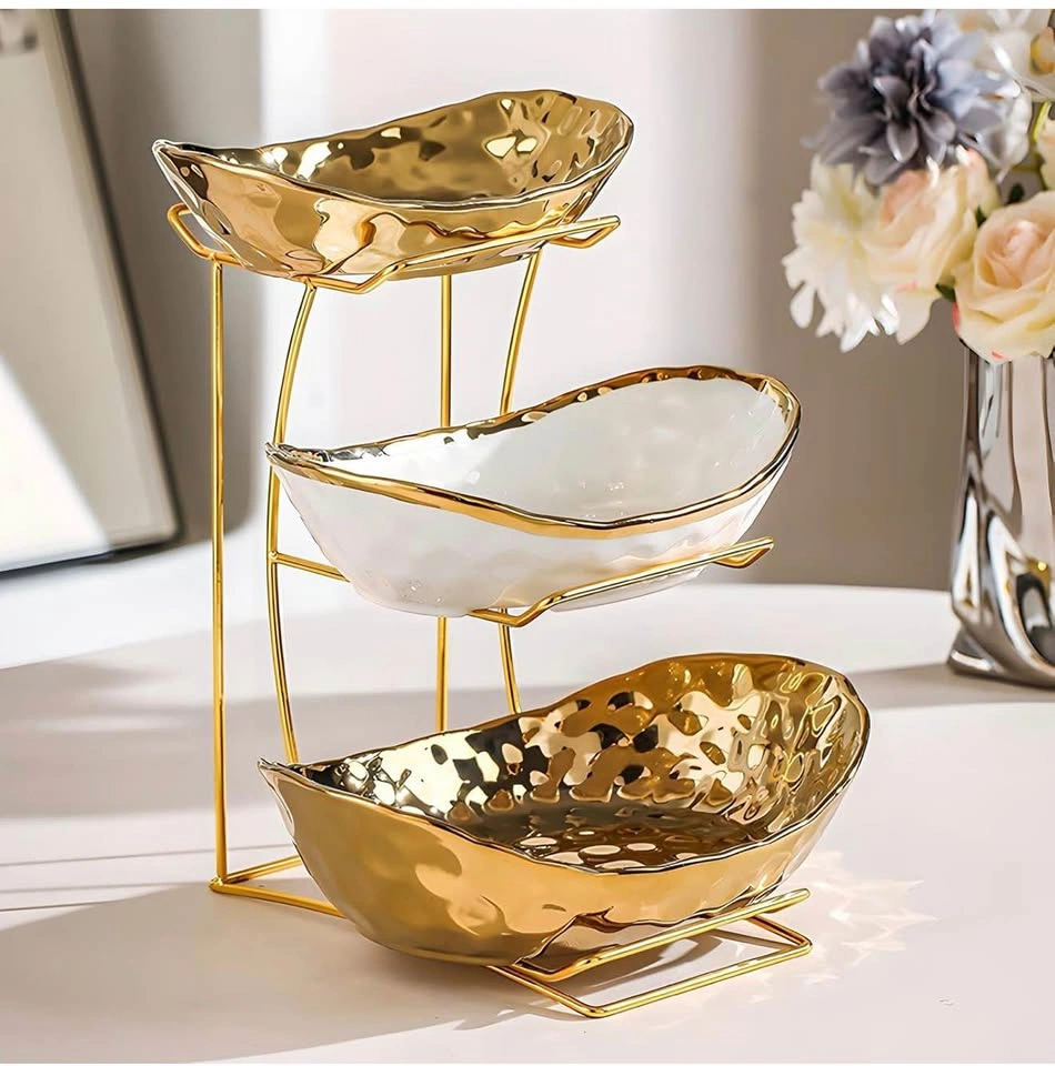 3-Tier Ceramic Fruit Bowl with Metal Holder (Gold) - photo 2