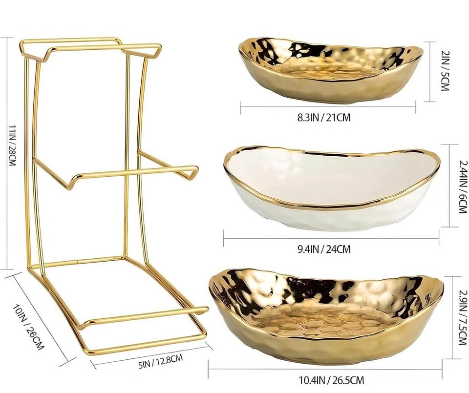 3-Tier Ceramic Fruit Bowl with Metal Holder (Gold) - photo 3
