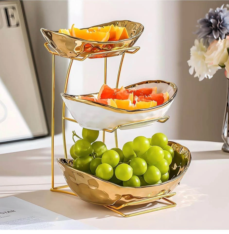 3-Tier Ceramic Fruit Bowl with Metal Holder (Gold) - photo 4