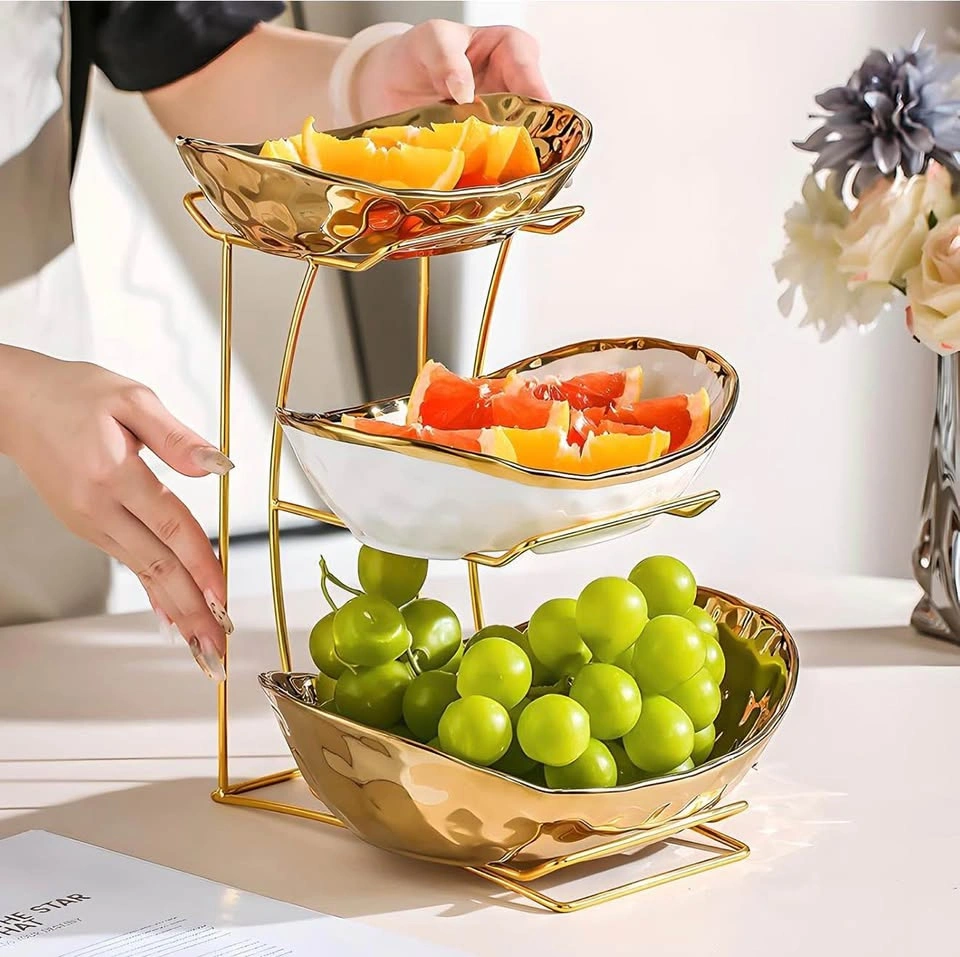 3-Tier Ceramic Fruit Bowl with Metal Holder (Gold) - photo 5