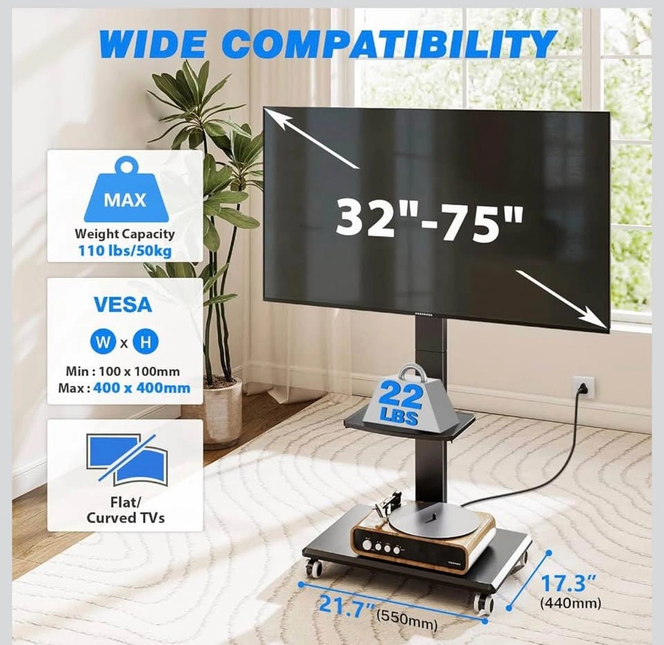 Mobile TV Stand 32-75” with Power Outlet and Shelf - photo 2