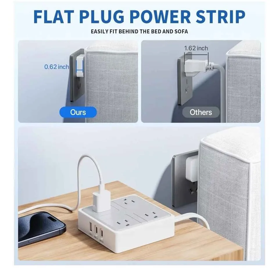 New. Flat Plug Power Strip Bar with USB C image indicator(3)