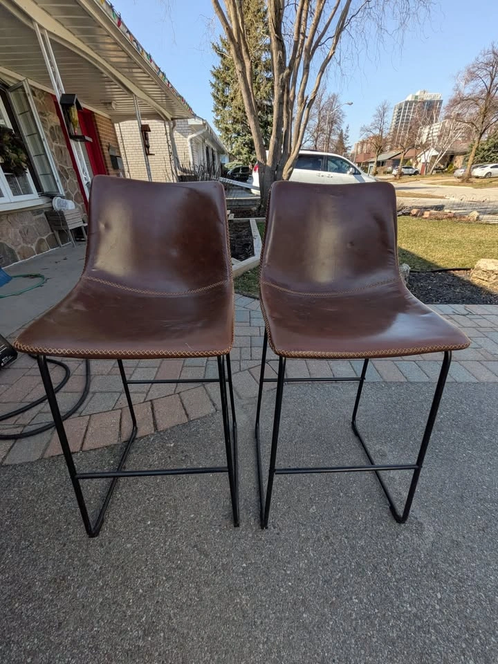 2 brown leather barstools with black legs - photo 5