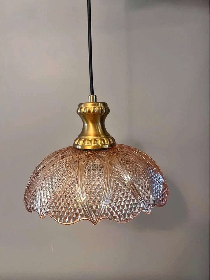 Vintage Antique Brass Pendant Light - Amber Textured Glass