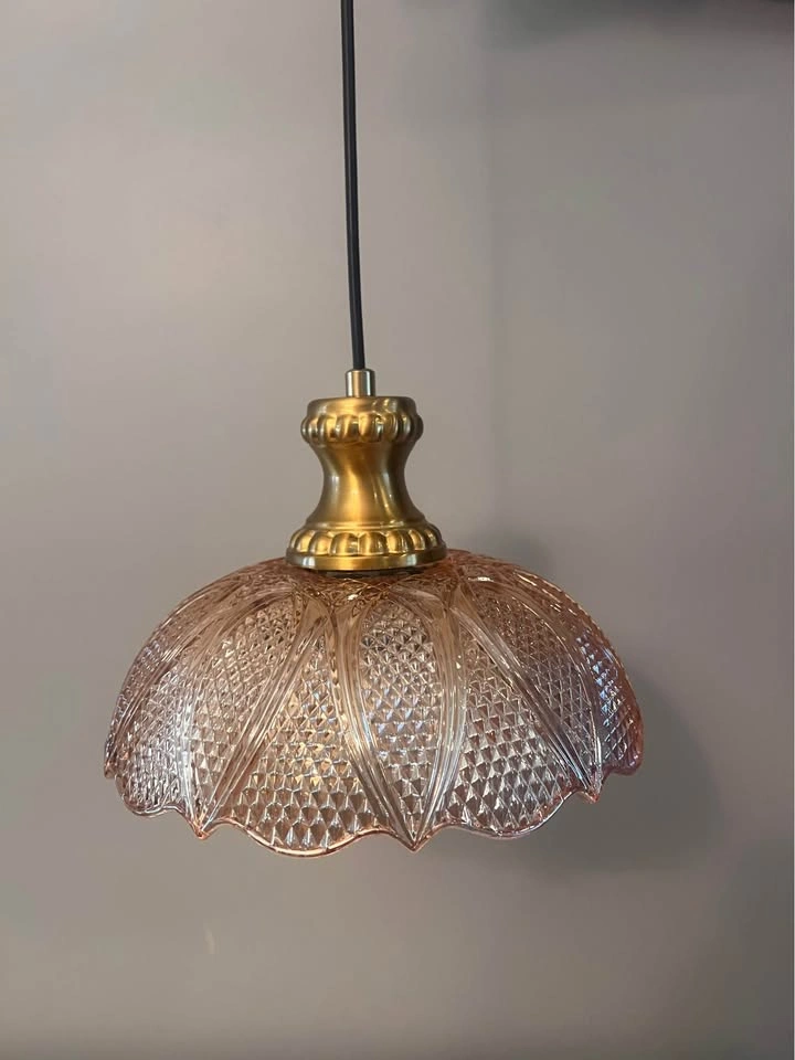 Vintage Antique Brass Pendant Light - Amber Textured Glass - photo 2