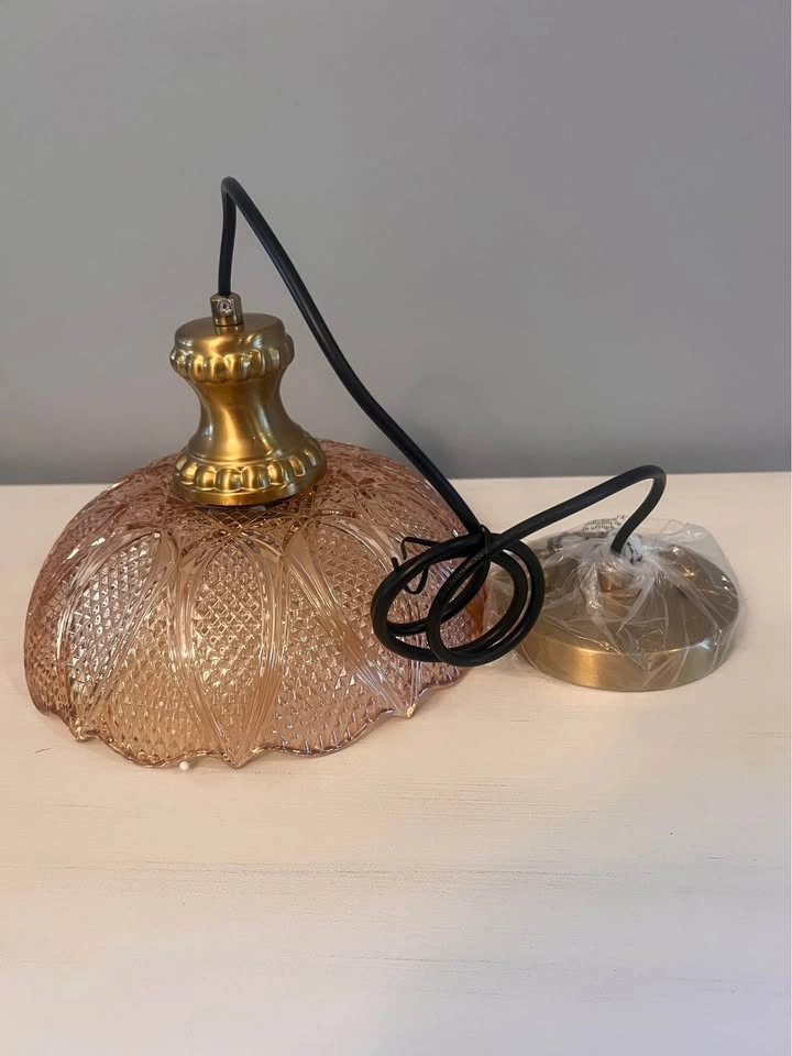 Vintage Antique Brass Pendant Light - Amber Textured Glass - photo 3
